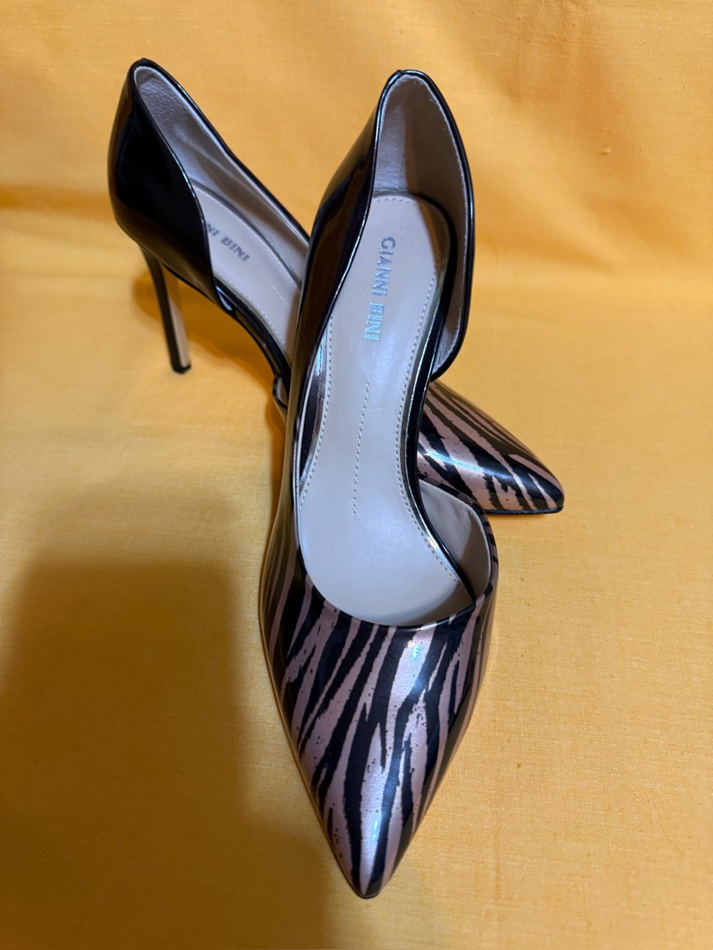 Gianni Bini Black and Copper Zebra-Print Pointed Toe Stiletto Heels
